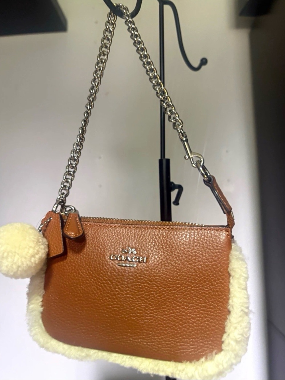 Coach Brown Leather Shoulder Bag with Cream Shearling Trim